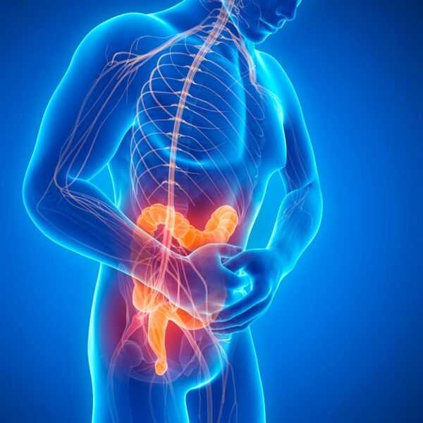 Illustration of a man holding his stomach.